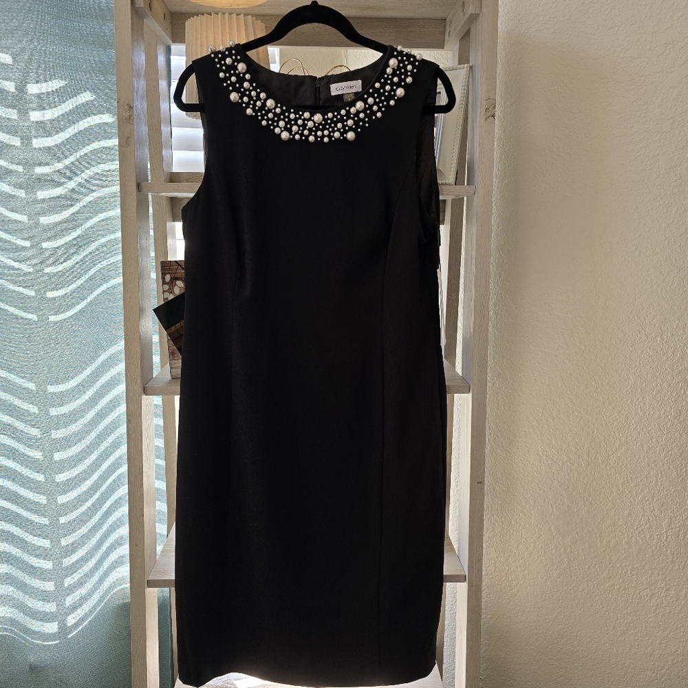 NWT Calvin Klein black sheath dress with pearls